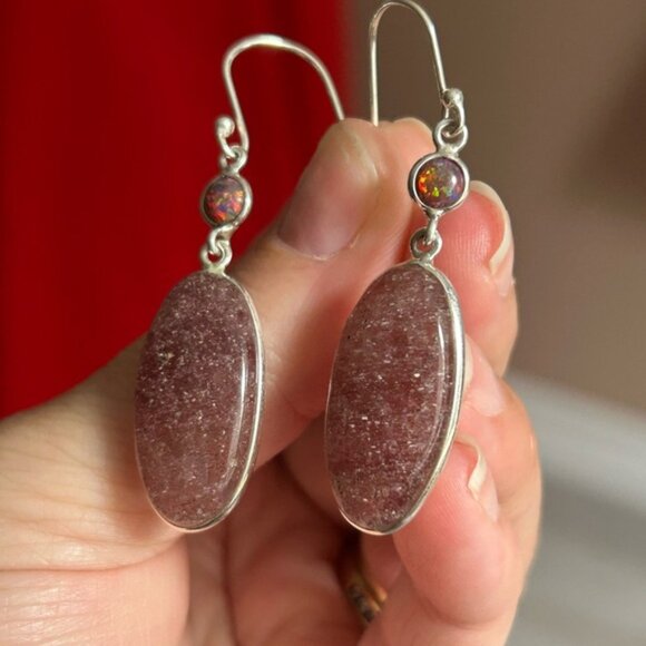 Sunstone and fire amber sterling silver earrings 🎁 - Picture 2 of 5